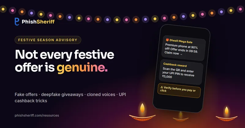 Diwali diyas glowing beside a phone showing a suspicious festive offer