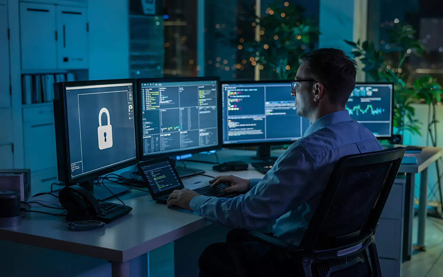 Security analyst monitoring systems at night